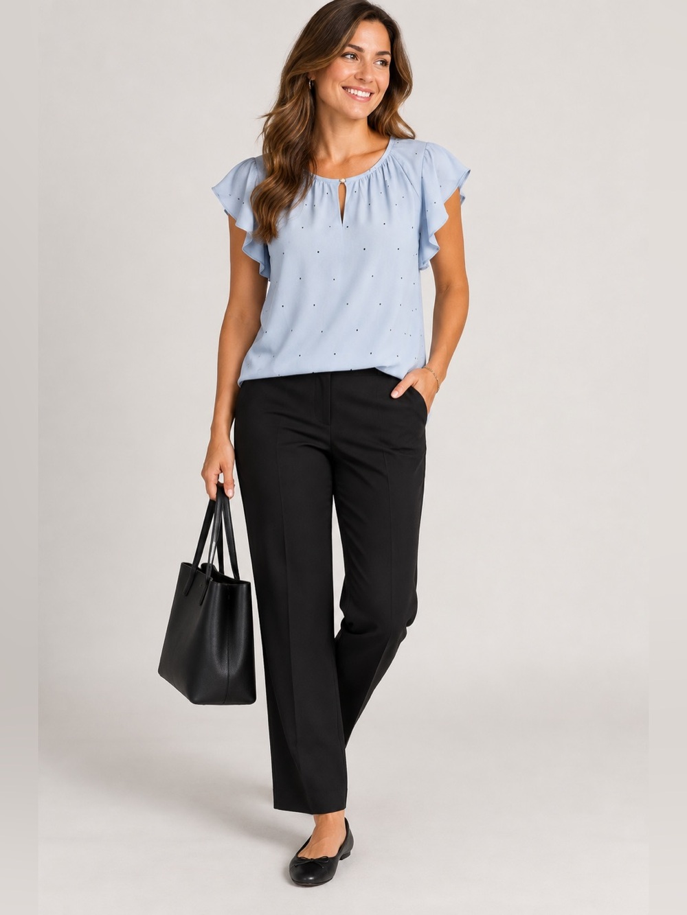 Vince Camuto Blue Swiss Dot Flutter Sleeve Blouse Top Size M